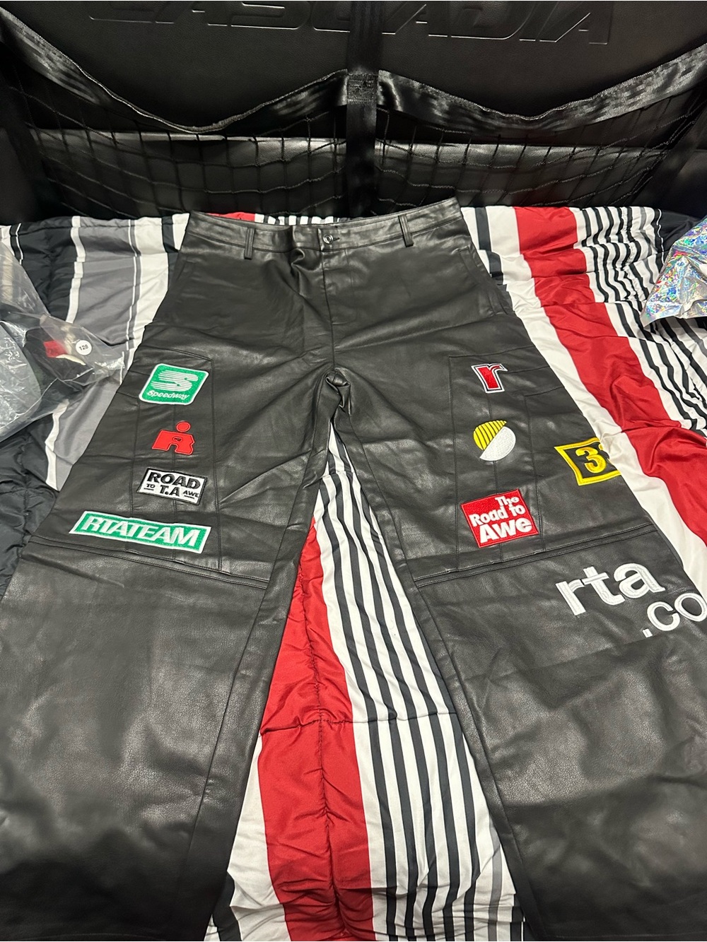 RtA Black Leather Kids Patchwork Racing Jeans